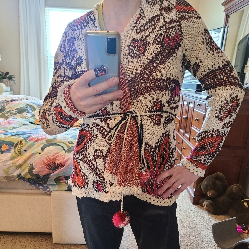 Anthropologie Bohemian Knit Cardigan with Pink and Brown Accents